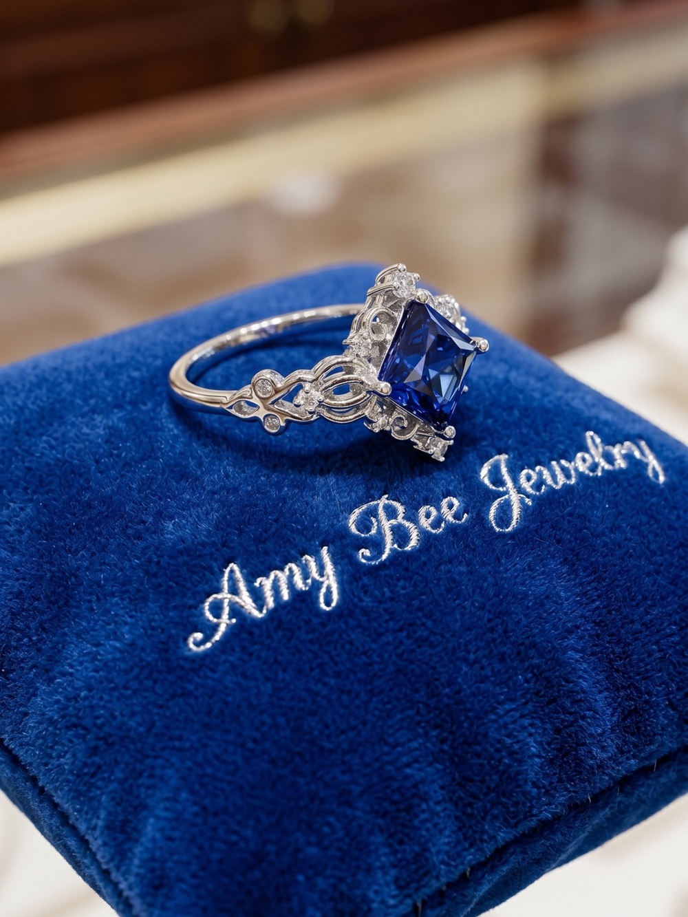 Silver Plated Princess Cut Blue CZ Gemstone Filigree Ring. New.